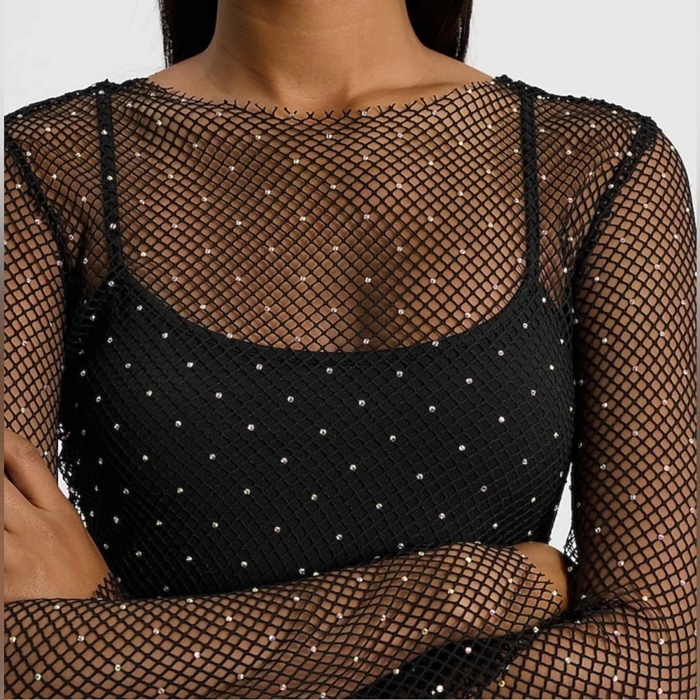 Mesh Rhinestone Long Sleeve Mini Dress - Picture 2 of 4